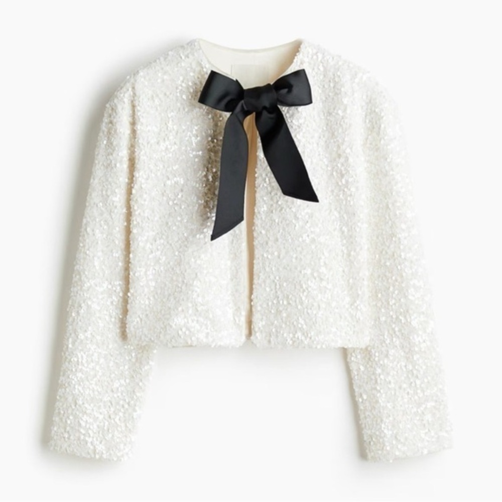Elegant White Sequin Jacket with Black Bow